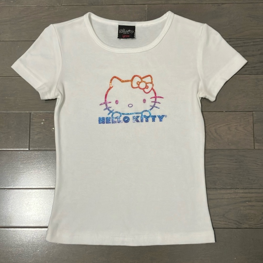 Y2K Vintage 2001 Hello Kitty by Doe T-Shirt with Rainbow Glitter Print Size S